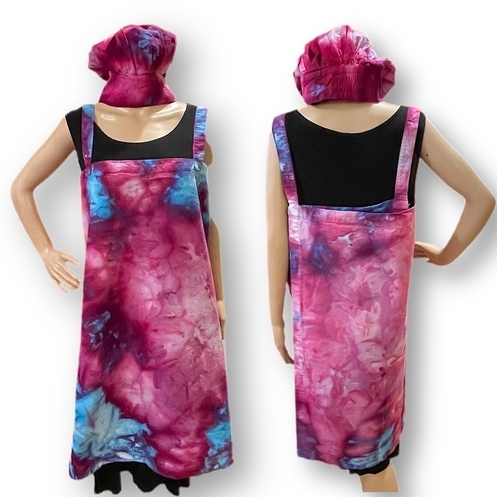 Tie Dye large Japanese wrap around apron  matching toque chef's hat purple blue